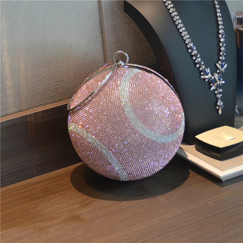 Lady Yellow Pink Black Diamond Day Clutches Rhinestone Pearl Evening Bag Circular Shaped Chain Shoulder Handbags For Party Purse