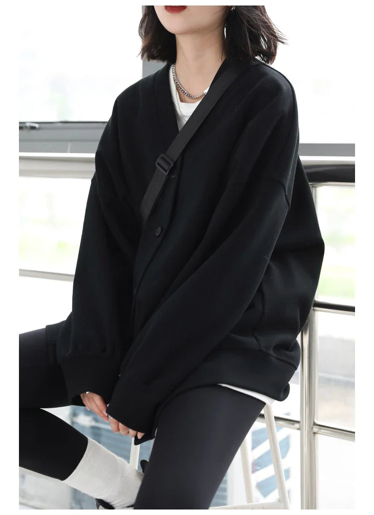 Korean Autumn Winter Women's Sports Coat Casual Loose V-neck Sweatshirt for Women Thick Warm Tops Office Lady Female