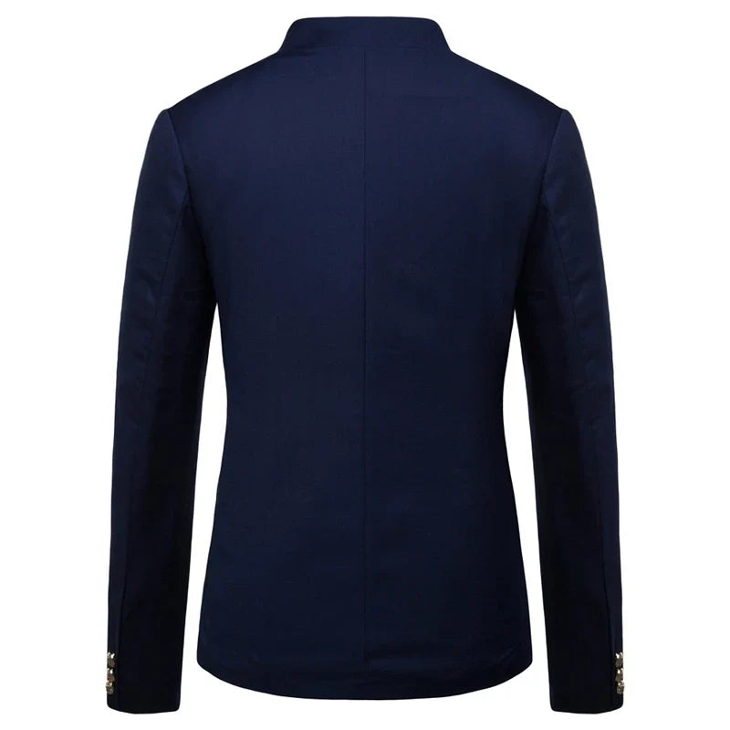 Men's Black Stand Up Collar Blazer Coat, Wedding Party Dress Jacket, Asia Sizes Slim-Fit Single Breasted Jaqueta, Blue Red Tops.