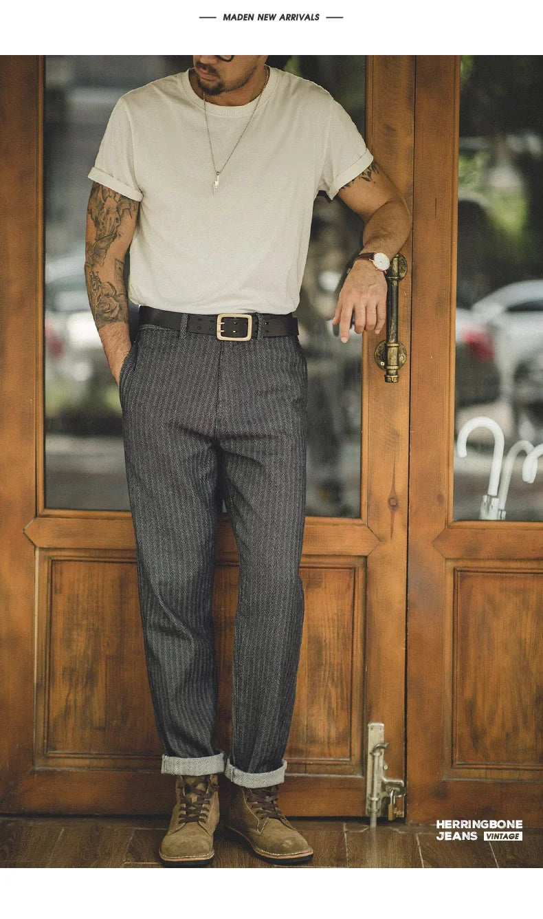 Men's Vintage 12.8oz Grey Striped Jeans Straight Zip Fly with Pockets Tapered Pants Versatile Herringbone Cotton Trousers