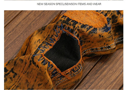 3D Black Patch Brown Jeans Men's High Street Pure Cotton Frayed Hole Fishing Net Decoration Elastic Comfortable Pants New