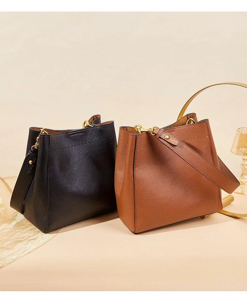 New Genuine Leather Casual Shopper Shoulder Bag Commuter Large Bucket Handbag Simple High Quality Women Tote Underarm Bags