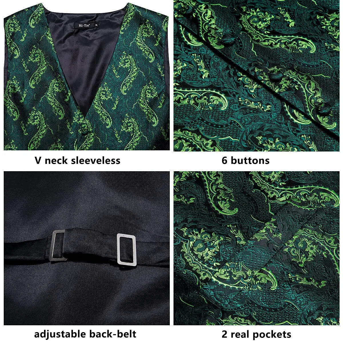 Luxury Gold Black Mens Vests Print Jacquard Waistcoat Tie Hanky Cufflinks Brooch Set for Men Wedding Formal Business Hi-Tie