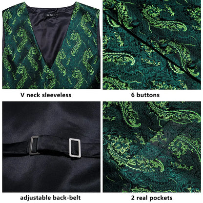 Luxury Gold Black Mens Vests Print Jacquard Waistcoat Tie Hanky Cufflinks Brooch Set for Men Wedding Formal Business Hi-Tie