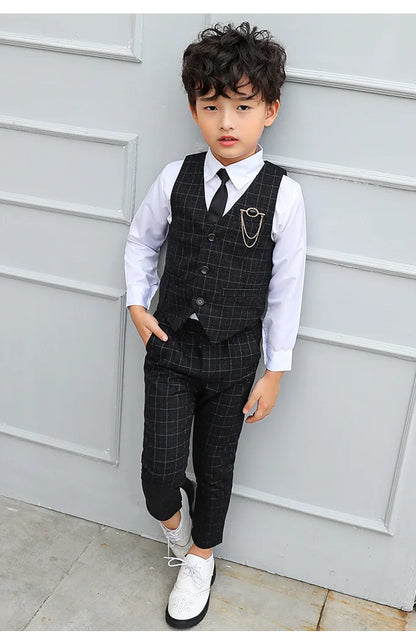 Boy Plaid Vest Blazer Kids Waistcoat Wedding Clothes Set Toddler Formal Dress Suit Child Brooch Shirt Pant Baby Gentlemen Outfit