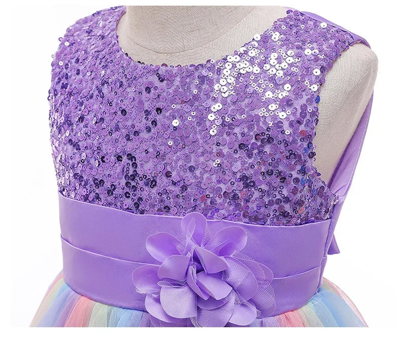 2026 Sequins Girls Dress Summer Flower Fashion Rainbow Mesh Little Princess Dresses For Piano Performance Costume Kids Clothes