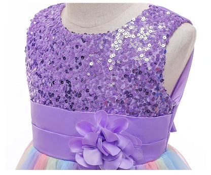 2026 Sequins Girls Dress Summer Flower Fashion Rainbow Mesh Little Princess Dresses For Piano Performance Costume Kids Clothes