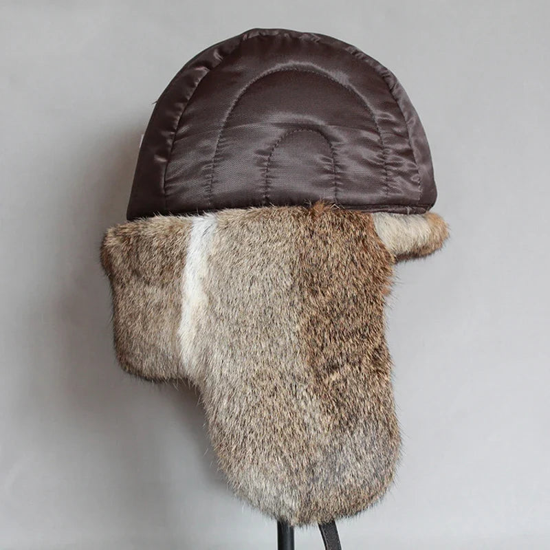 Winter Fur Bomber Hat Men Women Leather Russian Hat Snow Trapper Cap Warflap Ushanka