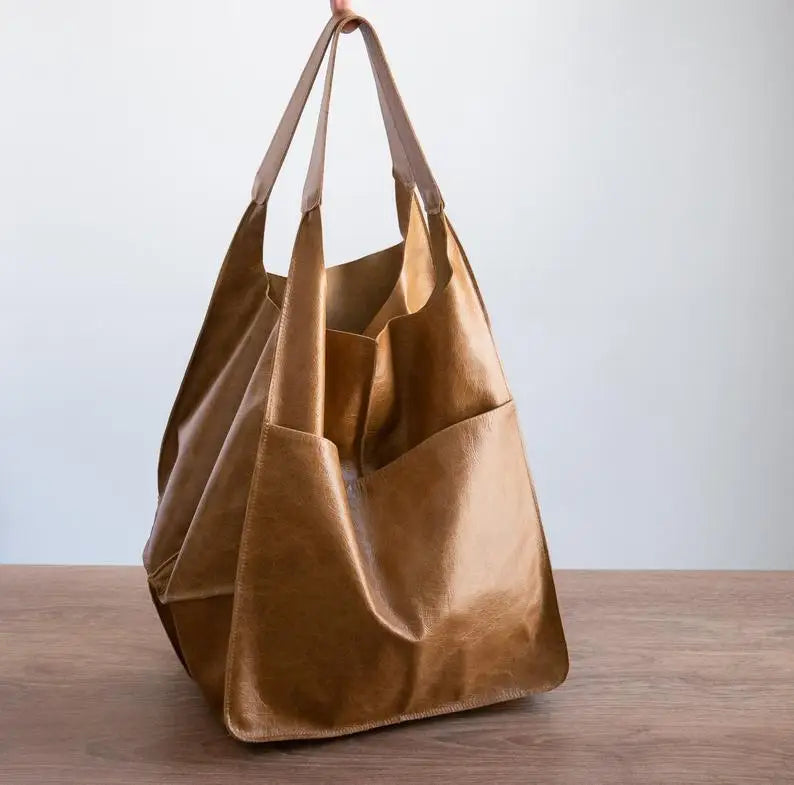 Casual Soft Large Capacity Tote Women Handbags Designer Aged Metal Look Luxury Pu Leather Shoulder Bag Retro Big Shopper Purses