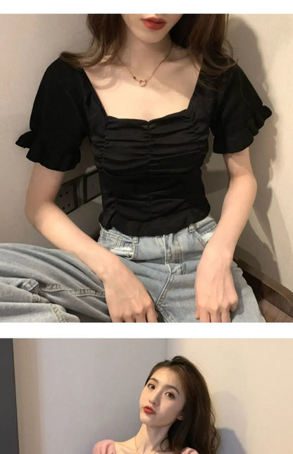 Knitted Fashion Blouse Woman Ruffle Youth Elegant Blouse Summer Crop Top Sexy Slim Fit Shirt Short Sleeve