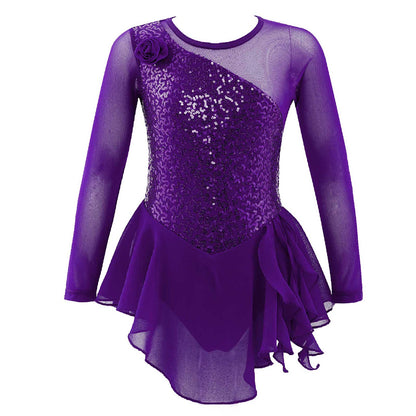 Girls Figure Ice Skating Dress Sparkly Sequin Gymnastics Dance Ballet Tutu Leotard Kids Long Sleeve Mesh Splice Dance Costume
