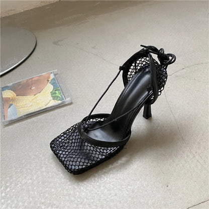 2026 Stiletto Heels Mesh Fashion Sandals Square Toe Cross-Tied Shallow Concise Party Rome Solid Summer Shoes for Women