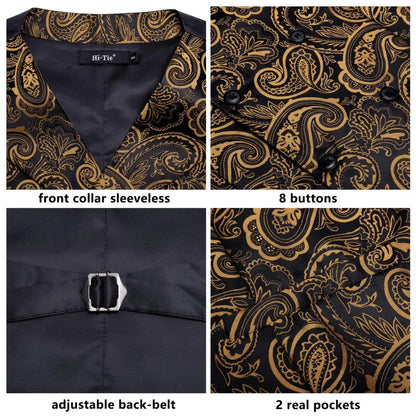 Silk Men's Vests and Tie Business Formal Dresses Slim Vest 4PC Necktie Hanky cufflinks for Suit Blue Paisley Floral Waistcoat