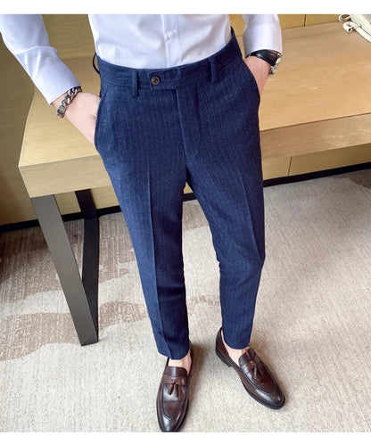 Boutique Classic Plaid and Striped Fashion Men's Casual Business Slim Suit Pants Groom Wedding Dress Trousers Party