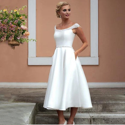 On Sale Simple Mid Calf Length Bridal Wedding Dresses A Line Cap Sleeves Scoop Neckline Wedding Gowns for Bride Back Out Beaded