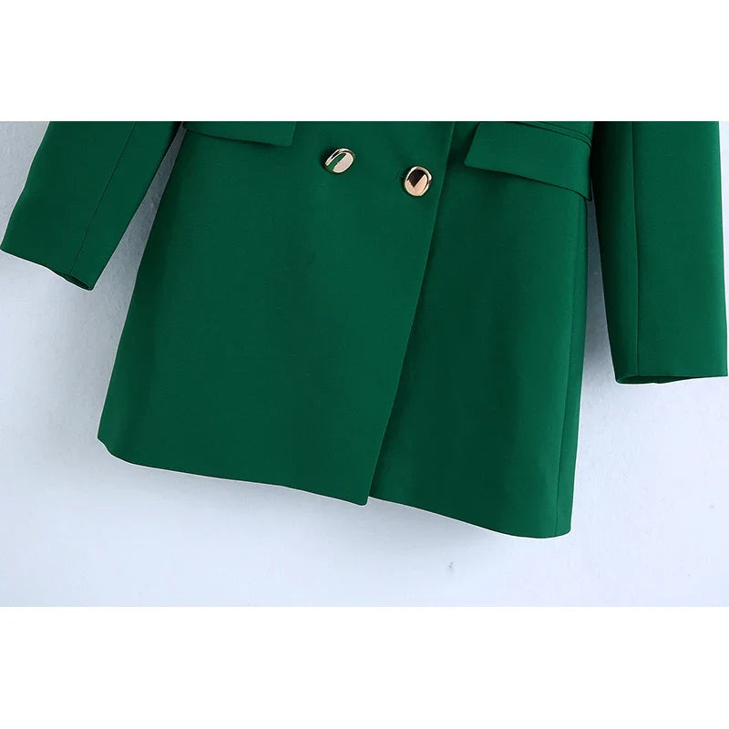 2023 Fashion Vintage Stylish Green Oversized Long Women Blazer Office Lady Pocket Fashion Autumn Jacket Female Bussiness