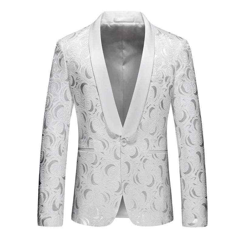 2026 New Men's White Rose Pattern Suit Jacket, Wedding Party Dress Coat, High Quality Men Slim Blazers Masculino Big Size M-6XL