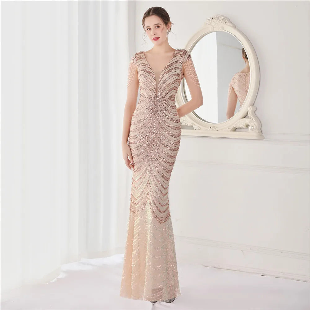 Elegant V Neck Mermaid Evening Dress Long Luxury Beads Women Evening Party Dresses 2025 New Formal Dress 19085