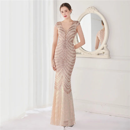 Elegant V Neck Mermaid Evening Dress Long Luxury Beads Women Evening Party Dresses 2025 New Formal Dress 19085