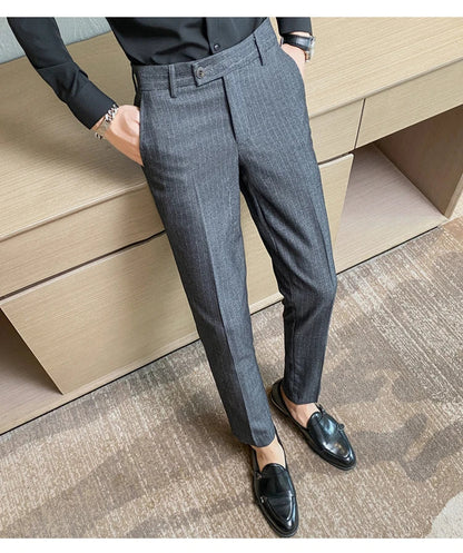 Boutique Classic Plaid and Striped Fashion Men's Casual Business Slim Suit Pants Groom Wedding Dress Trousers Party