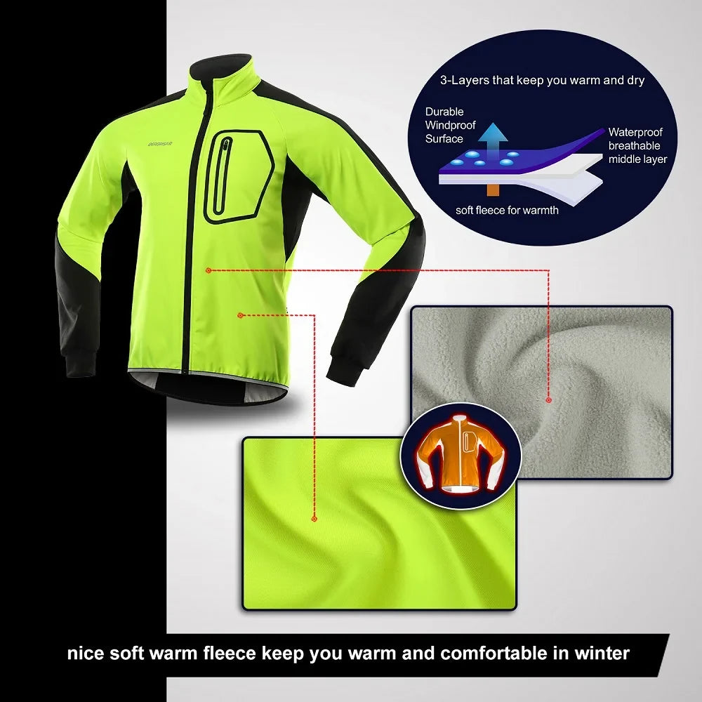 BERGRISAR Men's Cycling Jacket Winter Thermal Jacket Softshell Windbreak Waterproof Bike Coat Bicycle Raincoat BG011