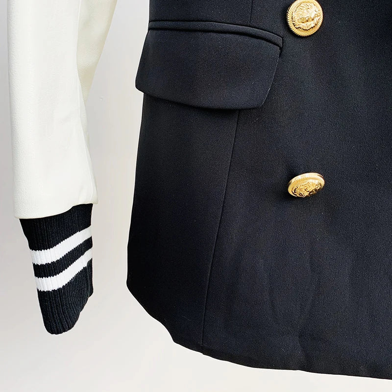 HIGH STREET New Fashion 2026 Classic Varsity Jacket Women's Lion Buttons Double Breasted Leather Sleeve Patchwork Blazer