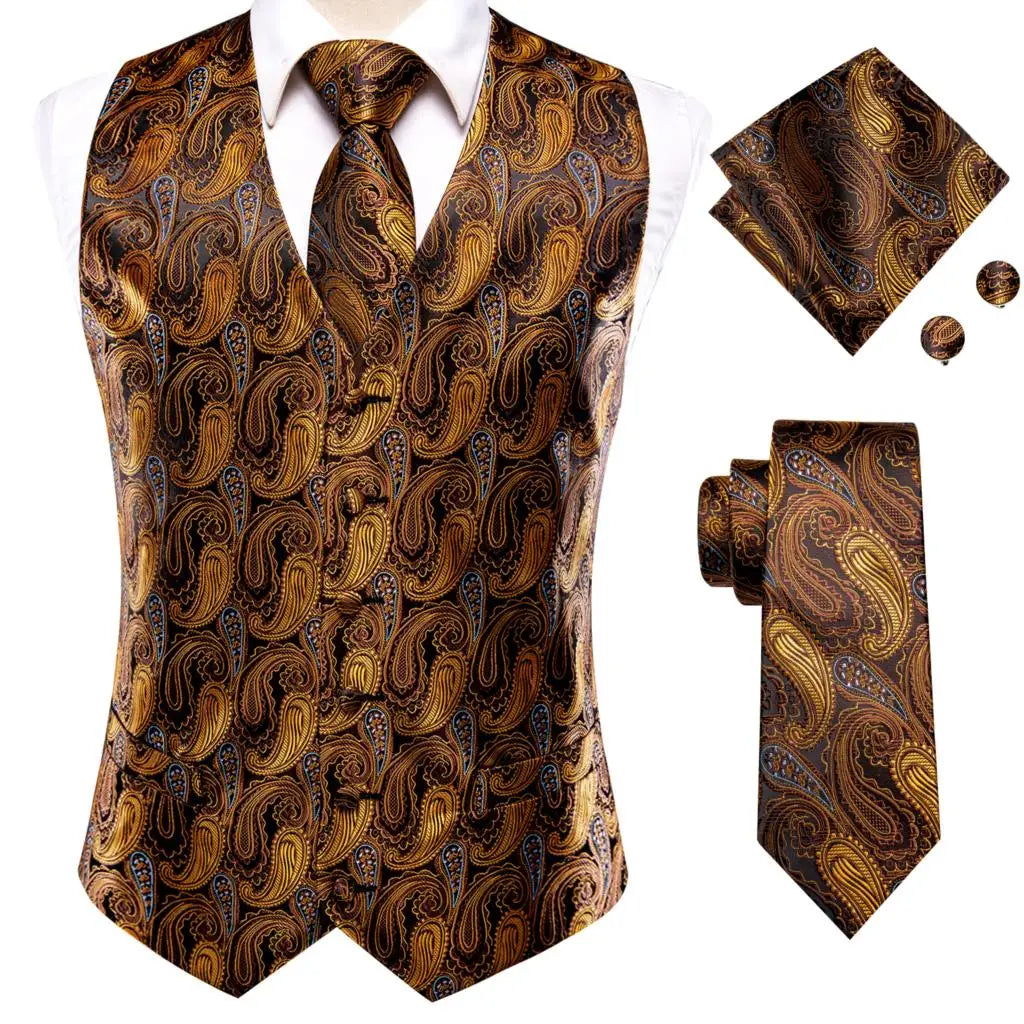 Fashion Silk Vest For Men Classic Gold Champane Yellow Waistcoat Jacket Tie Hankerchief Cufflinks Sets Dress Suit Wedding Hi-Tie