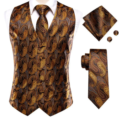 Silk Mens Vests Sleeveless Waist Jacket Jacquard Black Orange Floral Waistcoat Tie Hanky Cufflinks Set for Men Casual XXL