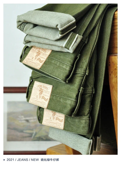 Men Jeans Vulcanization Olive Green 107 Selvedge Denim Jeans Men Washed Slim Fit 14 Oz Zipper Fly