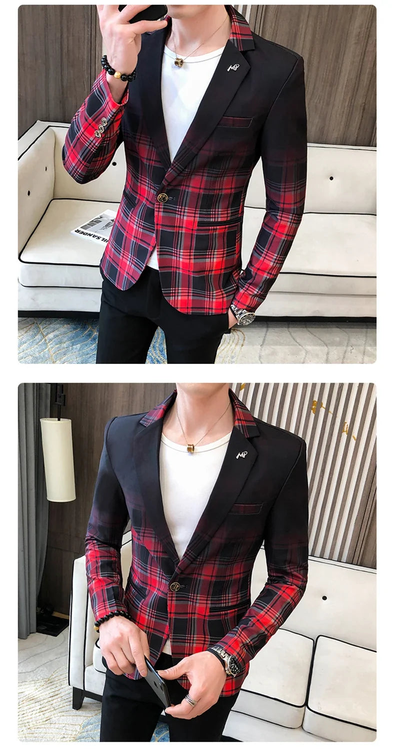 2022 Spring New Colorblock Plaid Blazer Men Slim Casual Man Blazers Wedding Business Party Clothing Dress Coat Blazer M-3XL