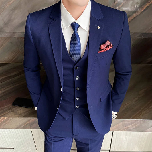 ( Jacket + Vest + Pants ) High-end Brand Formal Groom Wedding Dress Striped Suit Three-piece Suit Stage Performance Social Suit
