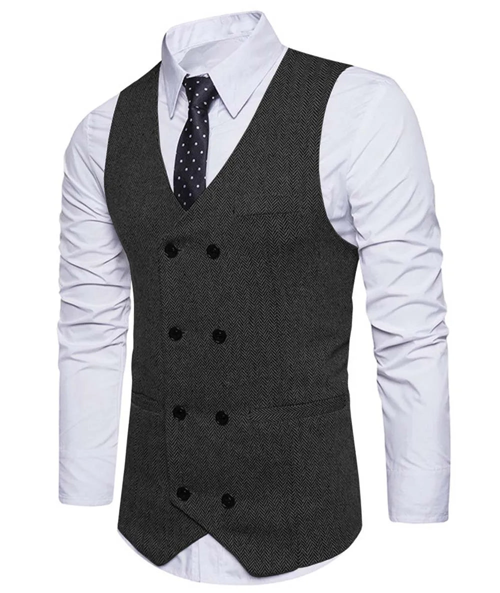 2022 New Men's Royal Blue Double-breasted Vest Suit Vest Casual Top Quality Herringbone Pattern Waistcoat For Wedding
