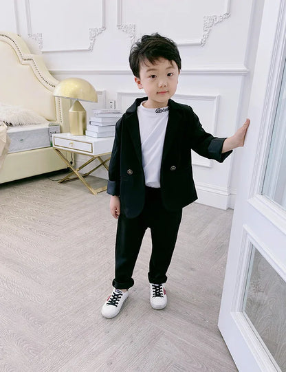 Teenager Boys Pink Black Jacket+Pants 2Pcs Clothing Set Gentleman Kids Formal Wedding Suit Children Performance Graduation Dress