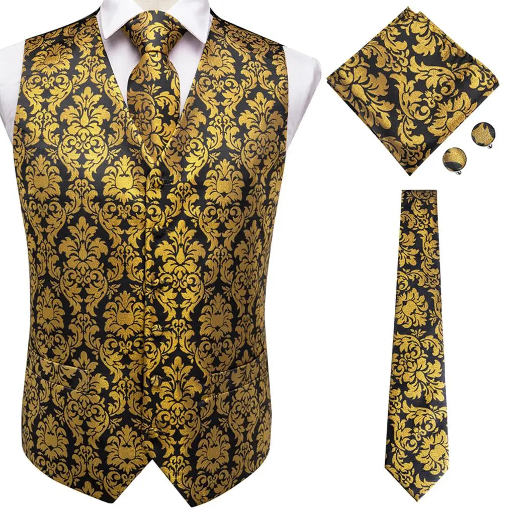 Navy Blue Mens Silk Vests Business Paisley V-Necl Waistcoat Tie Hanky Cufflinks Brooch Set for Men Suit Wedding Formal Hi-Tie