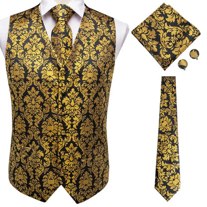 Navy Blue Mens Silk Vests Business Paisley V-Necl Waistcoat Tie Hanky Cufflinks Brooch Set for Men Suit Wedding Formal Hi-Tie