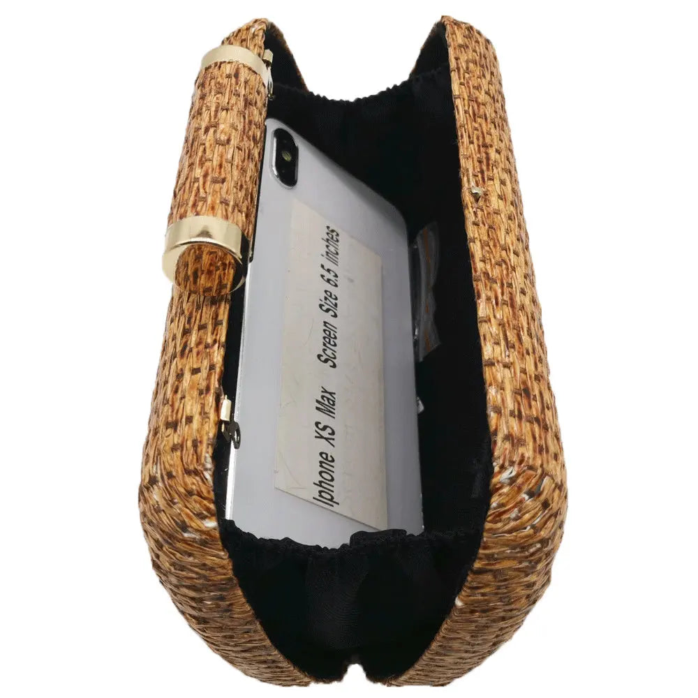 Straw Women Metal Clutches Chain Shoulder and Crossbody Bags Ladies Party Cockatail Evening Beach Clutch Purse