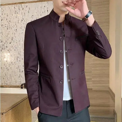 2026 New Men's Black Blazers Coat, Masculino Single Breasted Stand Up Collar Men Long-Sleeved Terno Jacket, Blue Red Overcoat