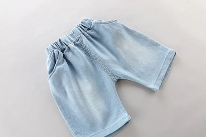 New Toddler Boys Fashion Casual Clothes Outfits 0-5years Baby Girls Print T-shirt with Cartoon Bag+Denim Shorts Summer Clothing