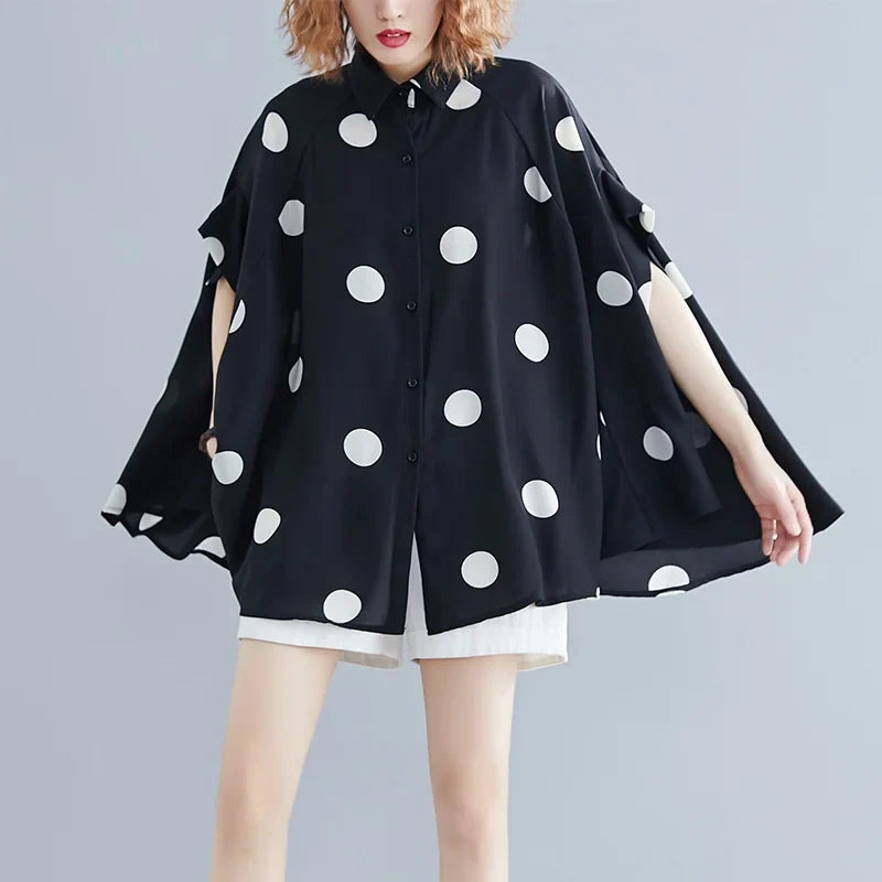 Black Vintage Polka Dot Print Blouse Women New Chiffon Lapel Short Sleeve Loose Casual Shirt Tops Fashion Summer Clothes 2026