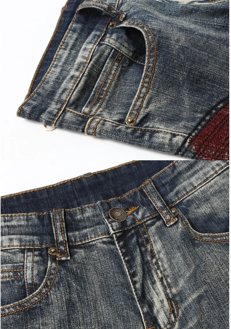 Indian Avatar Embroidered Jeans Men Scratch Long Cracks High Street Pants Soft Red Ears Blue Grey Slim 2020 Western Style