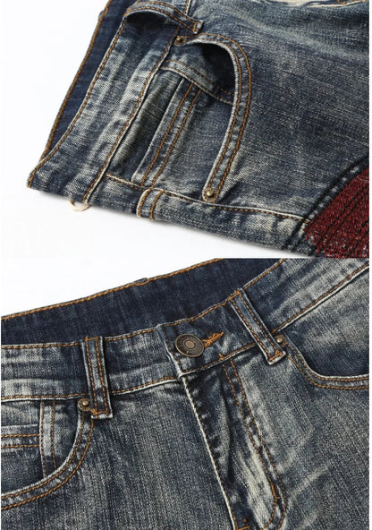 Indian Avatar Embroidered Jeans Men Scratch Long Cracks High Street Pants Soft Red Ears Blue Grey Slim 2020 Western Style