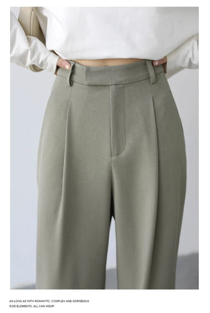 Simple Casual Women Twill Suit Pants Wide Leg Pants Straight Floor Pants Office Ladies Female Trousers