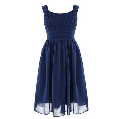 Summer Fashion Flower Girls Dress Wedding Birthday Party Kids Chiffon Dress Sleeveless Ruched Bodice Elegant Princess Dress