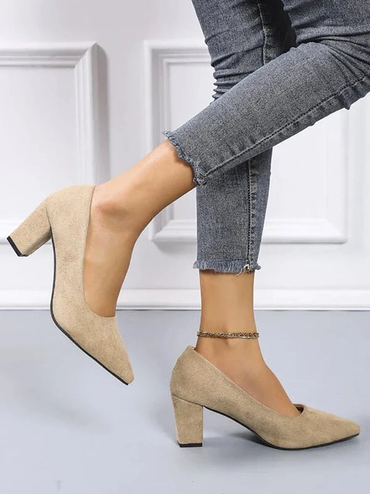 2025 New 7cm Chunky Heels Women Pumps Shoes Students And Mom Beige Suede Wedding Party Leisure Square Heels Plus Size