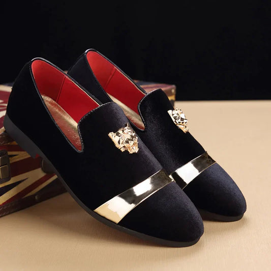 Men dress shoes Wedding Party shoes Loafers Fashion Tiger Gold metal Men Flats