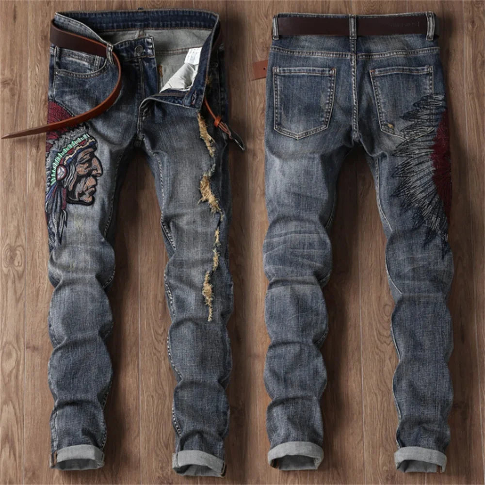 Indian Avatar Embroidered Jeans Men Scratch Long Cracks High Street Pants Soft Red Ears Blue Grey Slim 2020 Western Style