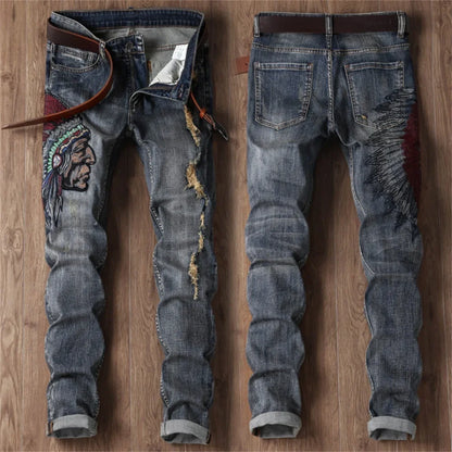 Indian Avatar Embroidered Jeans Men Scratch Long Cracks High Street Pants Soft Red Ears Blue Grey Slim 2020 Western Style