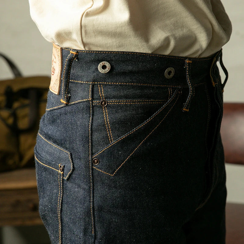 High Waist Raw Indigo Selvage Unwashed Denim Pants Unsanforized Jean 14oz