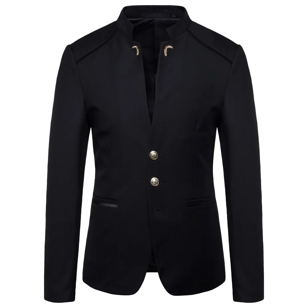 Men's Black Stand Up Collar Blazer Coat, Wedding Party Dress Jacket, Asia Sizes Slim-Fit Single Breasted Jaqueta, Blue Red Tops.