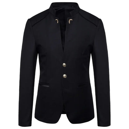 Men's Black Stand Up Collar Blazer Coat, Wedding Party Dress Jacket, Asia Sizes Slim-Fit Single Breasted Jaqueta, Blue Red Tops.